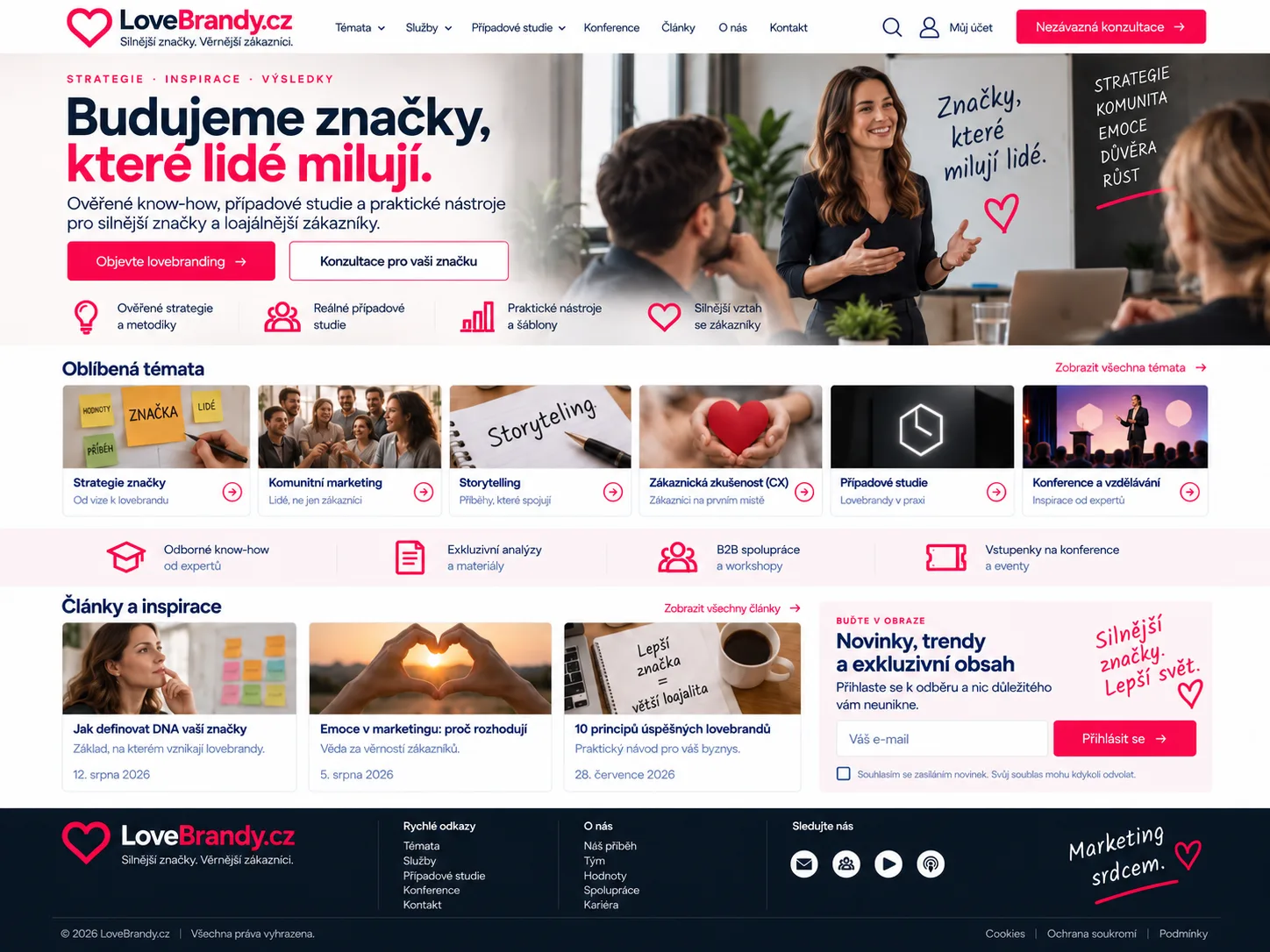 Ilustrační návrh webu LoveBrandy.cz v tmavě modré, bílé a růžové barvě s motivem budování oblíbených značek